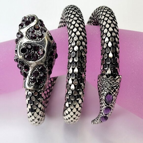 Vintage Mesh Purple Rhinestone 3 Coil Serpent SIlver Snake Bracelet - Picture 3 of 11